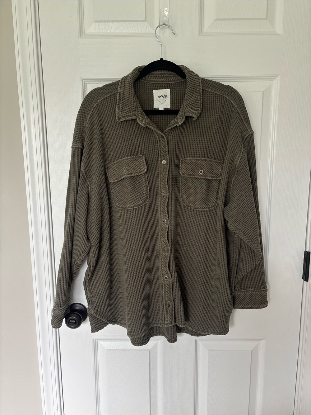 Aerie Waffle Knit Oversized Button Down Shacket Olive Green S/P - Picture 2 of 12